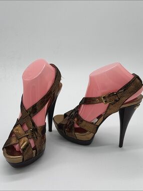 Michael Kors Niki bronze metallic leather strappy platform heels
